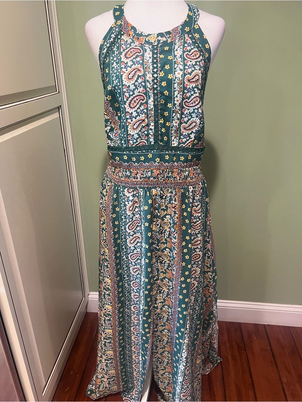 SHEIN Teal Paisley Print Halter Maxi Dress